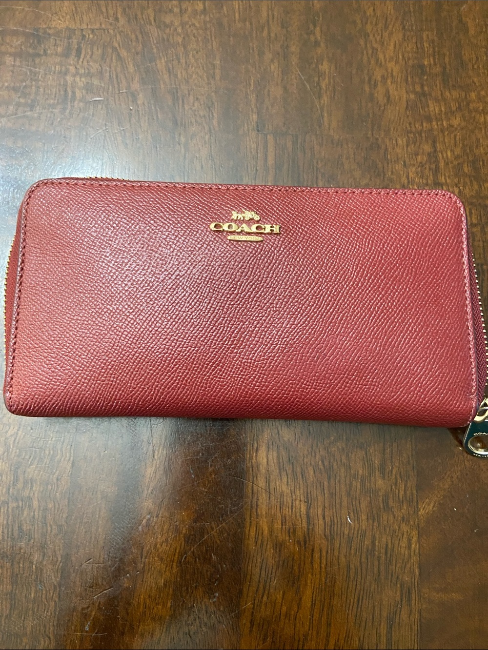 Coach Saffiano Leather Zip Wallet in Burgundy with Gold Logo